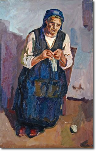 Donna che fa la calza - Donna valtellinese. (1953) olio su tela - 140 X 89 - Collezione Alfieri 