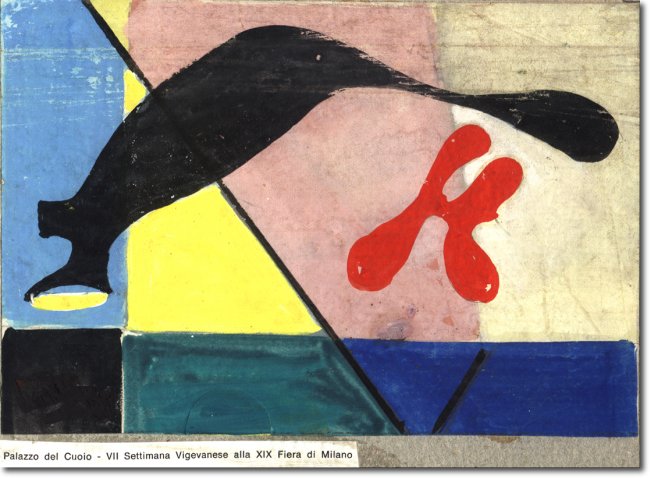 Bozzetto XIX Fiera Milano Palazzo del Cuoio (1938) tempera su cartoncino - 11,3x17 - Collezione privata 
