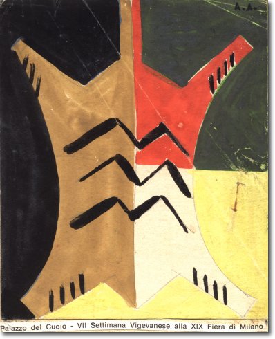 Bozzetto XIX Fiera Milano Palazzo del Cuoio (1938) tempera su cartoncino - 11,6x9,7 - Collezione Alfieri 