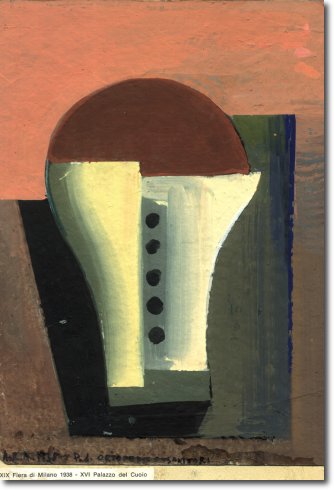 Bozzetto XIX Fiera Milano Vetrina pad.Ortopedia (1938) tempera su cartoncino - 20,2x14,4 - Collezione privata 