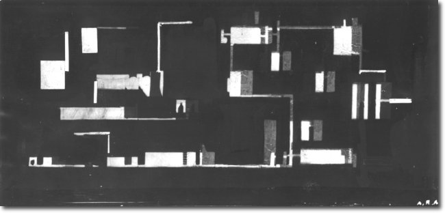 Bozzetto Macc.Elettr.Lombarda XXIV Fiera MI (1946) pellicola fotografica su fotografia e ritocchi a tempera - 22,5x10,5 - Collezione Alfieri 